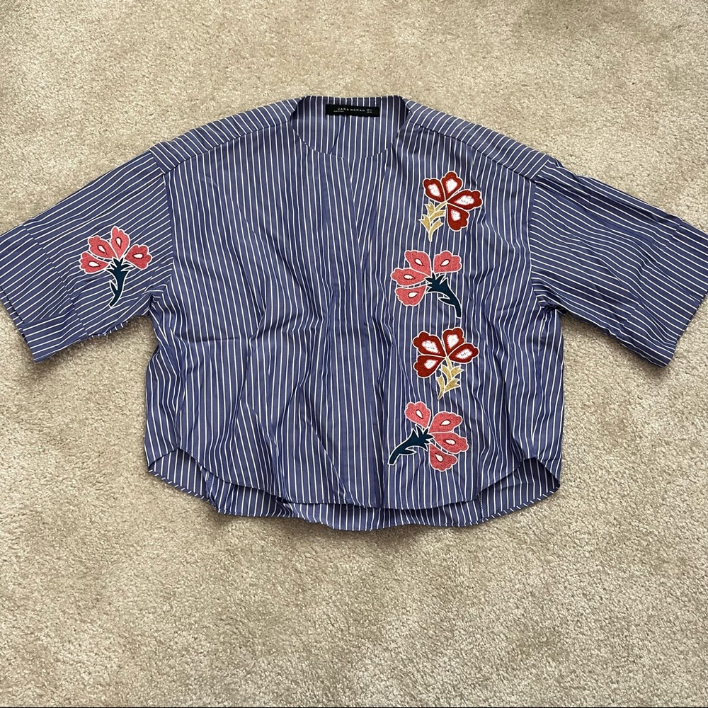 Zara Oversized Stripe Blouse with Embroidery